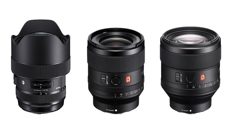 (v.l.n.r.) Sigma 14-24mm F2,8 DG HSM | Art, Sony FE 35 mm F1.4 GM, Sony FE 85 mm F1,4 GM