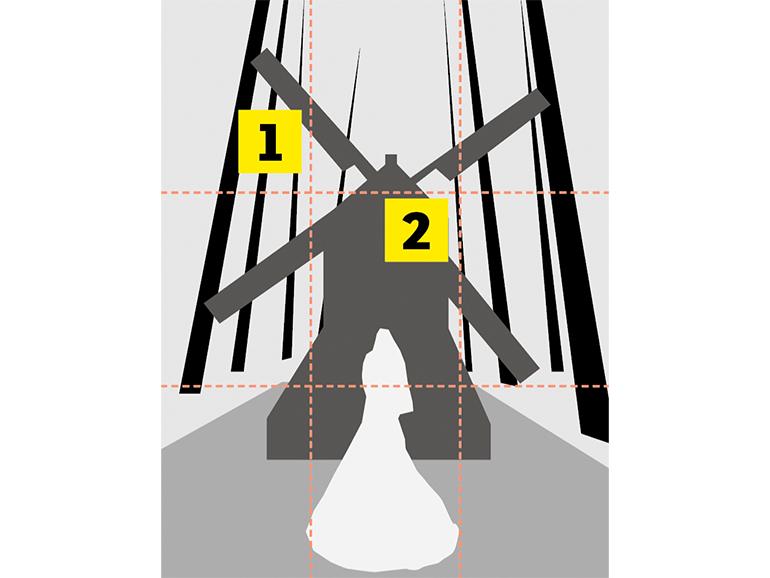 Bildkomposition: Braut vor Windmühle