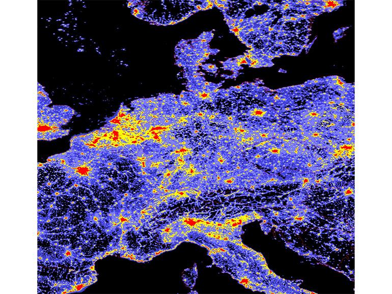 Karte der Lichtverschmutzung in Europa