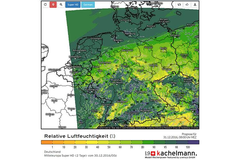 Relative Luftfeuchte: Hier sieht man, wie die Gipfel der Mittelgebirge viel trockener sind als die Täler dazwischen, die durch den Nebel eine hohe Luftfeuchtigkeit haben. Suchen Sie die Gebiete auf, bei denen die Luftfeuchtigkeit 100 % erreicht, um Nebel zu finden.