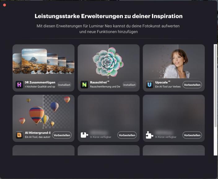 Luminar Neo setzt ganz neu auf den Zukauf von Erweiterungen zur Kernsoftware. Alternativ wirbt Skylum dafür, die Software zu abonnieren, um keine Updates mehr zu verpassen. Fünf der sieben angekündigten Neuerungen sind jedoch noch nicht verfügbar.