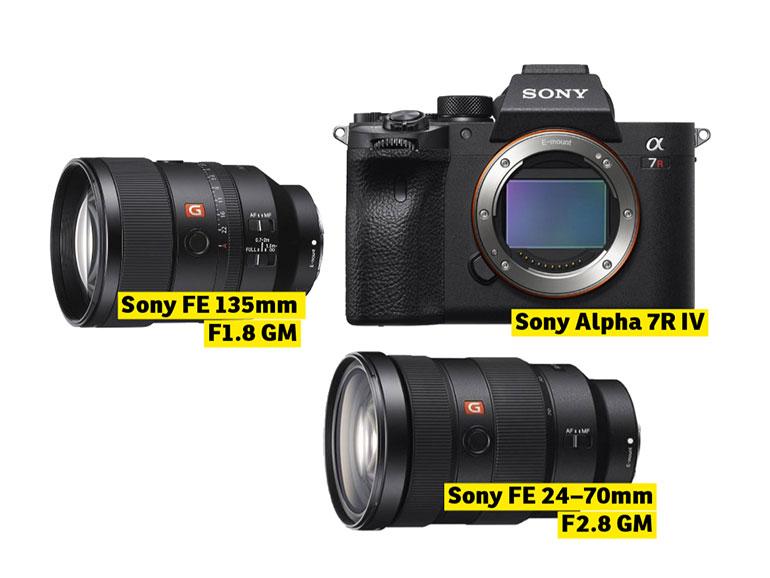 Von links oben nach rechts unten: Sony FE 135mm F1.8 GM, Sony Alpha 7R IV, Sony FE 24–70mm F2.8 GM