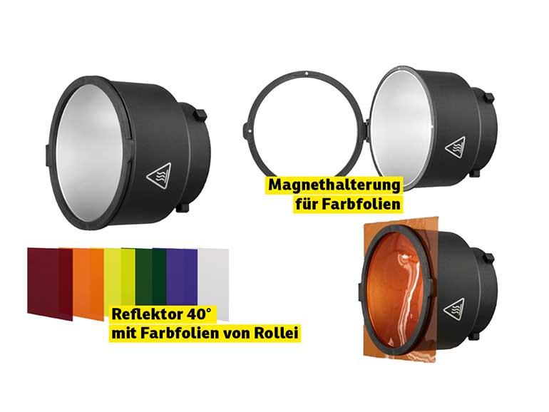 Reflektor 40° mit Farbfolien von Rollei und Magnethalterung für Farbfolien