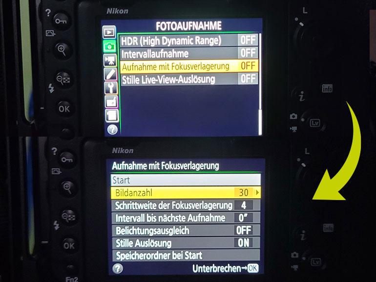 Die Display-Bilder zeigen die Einstellungen, die Damerow in der Kamera vornimmt.