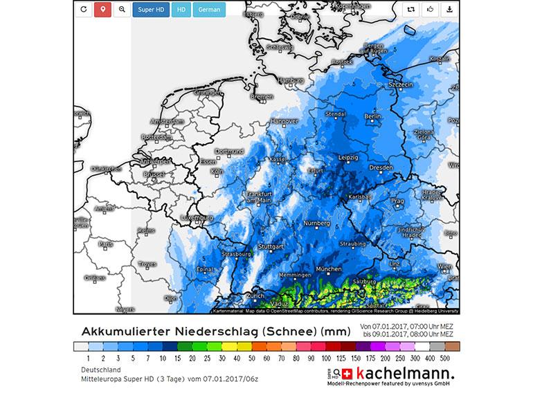 Akkumulierter Niederschlag: Gezeigt wird für ganz Mitteleuropa, in welchen Regionen es in den nächsten 48 Stunden Neuschnee gibt – selbst kleinste Gipfel sind erkennbar.