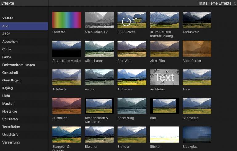 Die Video-Effekte in Final Cut Pro lassen sich leicht auswählen.