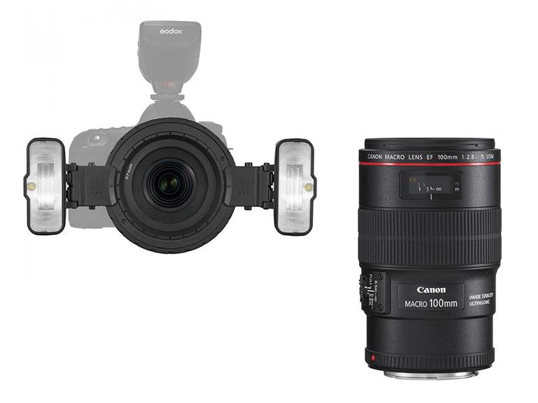 Links: Godox 2x MF12 K2 Makro Blitzgerät (ohne Diffusor), rechts: Canon EF 100mm f2.8 L Makro IS USM