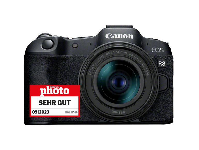 Canon EOS R8 mit Testlogo