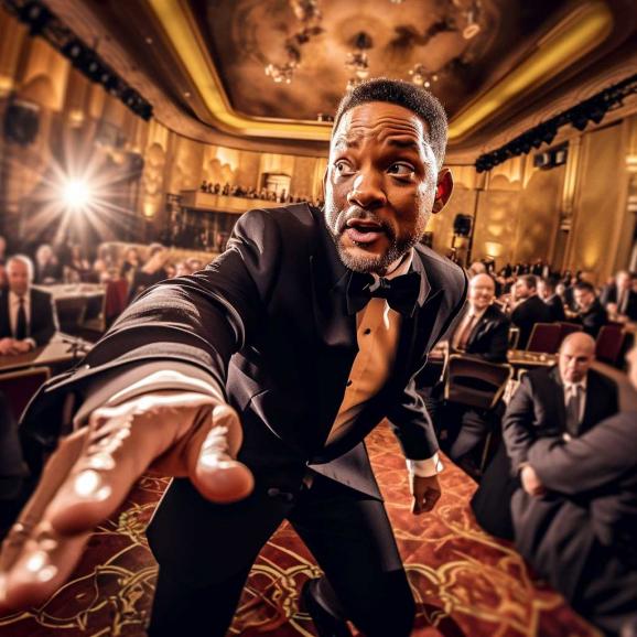 Verblüffend realistisch: Bei den Oscars letztes Jahr hat Schauspieler Will Smith seinen Kollegen Chris Rock auf der Bühne geohrfeigt. Mithilfe des KI-Generators MidJourney zeigt uns der Künstler JDL4_, wie Smith aus der Perspektive des Geohrfeigten ausgesehen haben könnte.