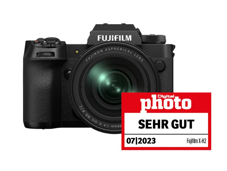 Fujifilm X-H2 mit Testlogo