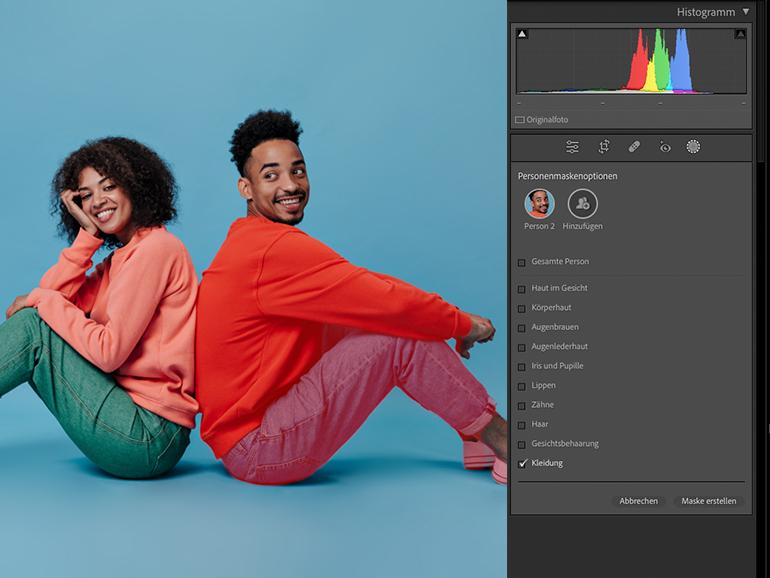 Die neue KI-gestützte Personen-Maskierung in Lightroom kann jetzt automatisch Masken für Gesichtsbehaarung und Kleidung generieren.