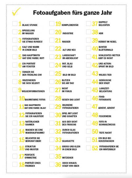 Checkliste mit Fotothemen für die 52 Wochen eines Jahres
