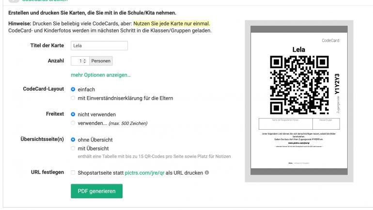 Perfekt für Schulfotografinnen und -fotografen. Ein QR-Code-Kärtchen lässt sich für jedes Kind erstellen.