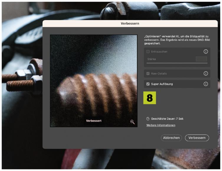 Dank „Super Auflösung“ können Sie die Bildauflösung per KI verdoppeln.