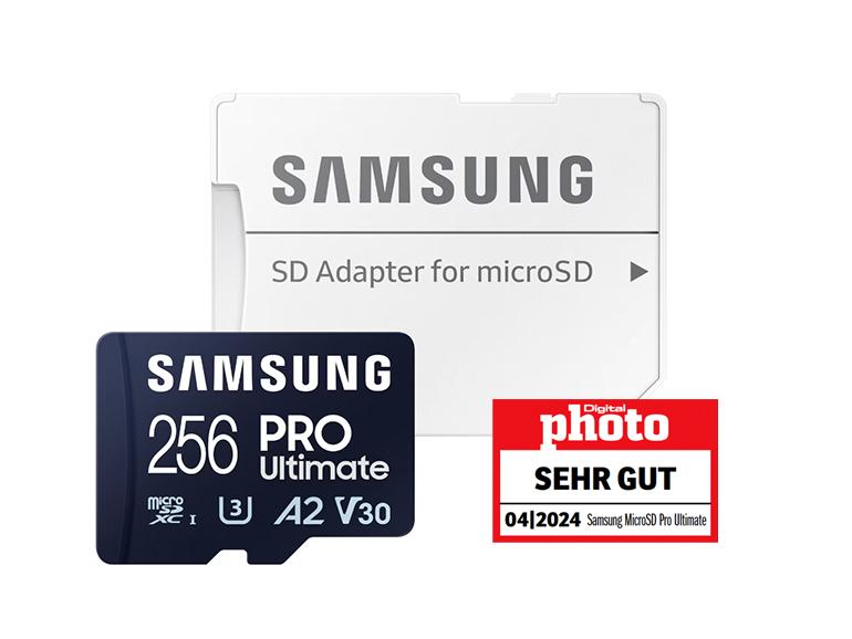 Um die MicroSD-Karte aus der Pro-Ultimate-Serie von Samsung als SD-Karte in Ihrer Kamera zu nutzen, schieben Sie sie einfach in den mitgelieferten Adapter.