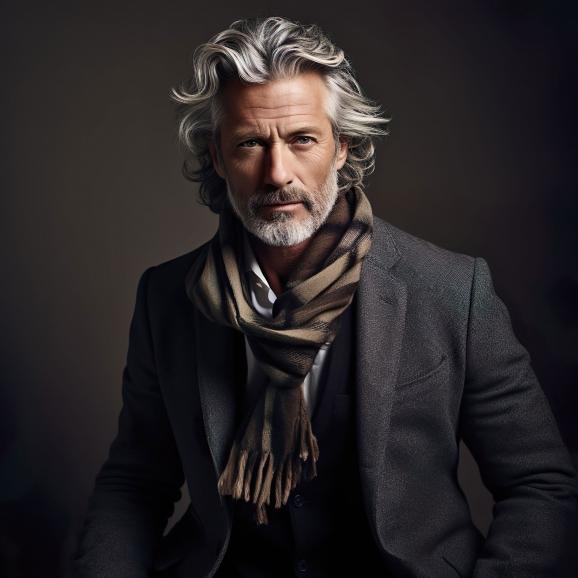 grey_man | Prompt: middle age man, leisure fashion, grey tousled hair, portrait, annie leibowitz photography —ar 1:1 (Standardeinstellung) | KI-Generator: Midjourney Version 5.2