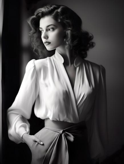 medium_waves_white _blouse | Promt: imagine black and white photo of a woman leaning forward, in the style of elegant clothing, 32k uhd, polished surfaces, candid, white and amber, happenings, precise craftsmanship --ar 3:4 | KI-Generator: Midjourney Version 5.2
