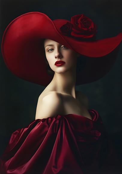 red_hat | a woman in a dark red dress is wearing a very big red hat, in the style of sharp &amp; vivid colors, bold and graphic, exaggerated facial features, photo taken with provia, meticulous design, hatecore, exaggerated features --ar 2:3 --v 6 | KI-Generator: Midjourney Version 6