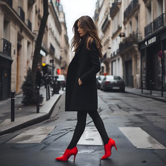 red shoes | Prompt: Beautiful woman walking along a street in paris, wearing red shoes --v 6 —ar 1:1 (Standardeinstellung) | KI-Generator: Midjourney Version 6