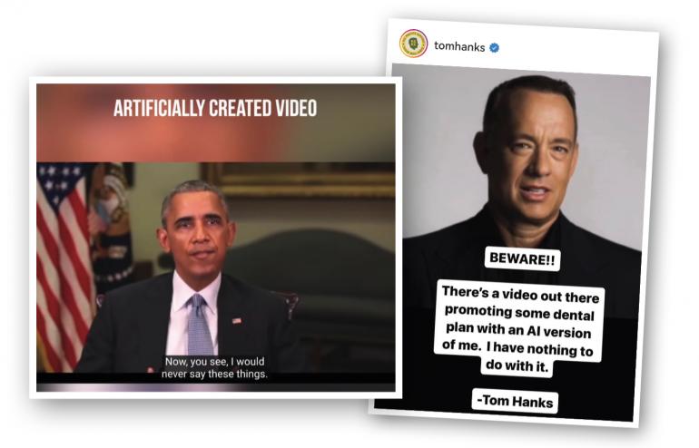 Eines der ersten realistisch wirkenden KI-generierten Videos, die viral durch die Decke gingen, war eine gefälschte Rede von Barack Obama 2017 (Bild links). Das war vor sieben Jahren … Wir können nur ahnen, was heute alles möglich ist und wofür solche Technologien verwendet werden. Ein weiterer aktueller Trend: Prominente werben für Produkte ohne ihr Wissen und Ihre Erlaubnis. So warnte US-Schauspieler Tom Hanks im Oktober 2023 auf seinem Instagram-Account vor einem gefälschten Werbevideo (Bild rechts).