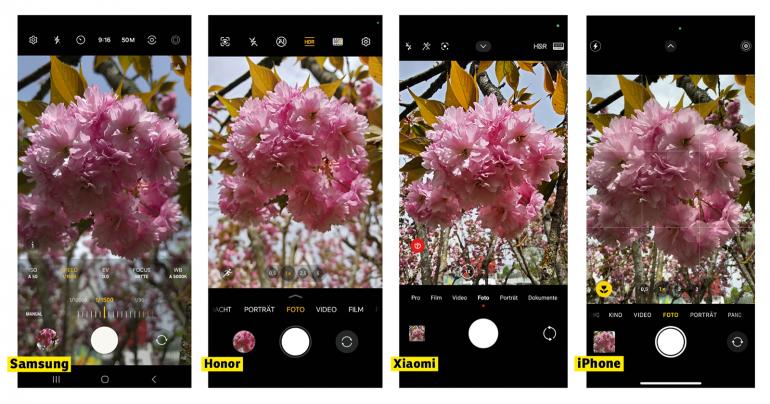 Die Kamera-Apps der Testgeräte sind erstaunlich identisch aufgebaut. Egal, ob iPhone oder Android, egal, ob Xiaomi oder Honor – die Bedienung folgt überall dem gleichen Prinzip.