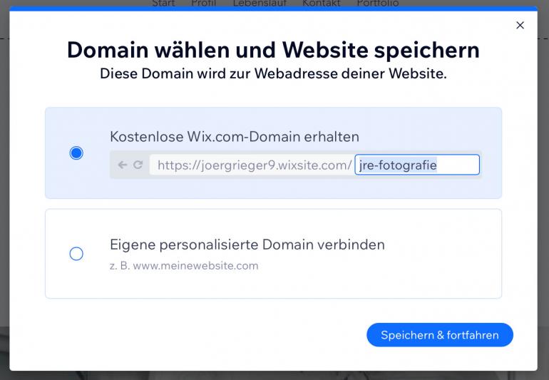 Domain wählen und Website speichern