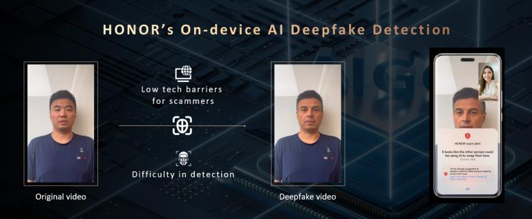 Warnung auf dem Smartphone: Die neu vorgestellte Technologie „AI Deepfake Detection“ des Techunternehmens Honor warnt direkt auf dem Smartphone-Bildschirm vor unechten Inhalten.