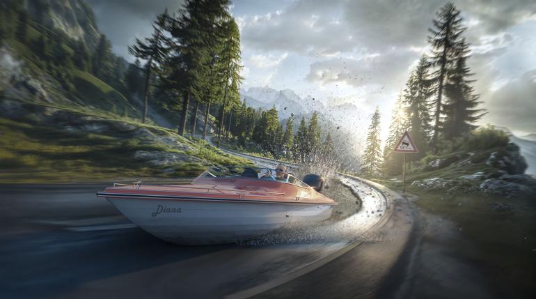 Mit einem Boot über den Asphalt? Uli Staiger macht's möglich! Hierbei wurden der Hintergrund und der Fahrer mit KI erzeugt. Das Boot erstellte Uli Staiger mit CGI und montierte alles in Photoshop zusammen.