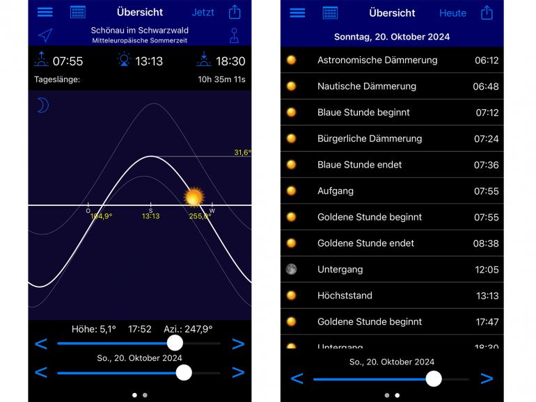 Screenshots der kostenlosen App Sonnen-Info