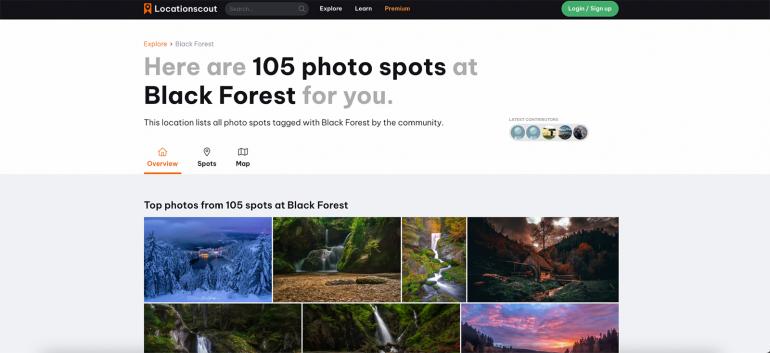 Screenshot der Website locationscout.net mit Suchbegriff „Black Forest“