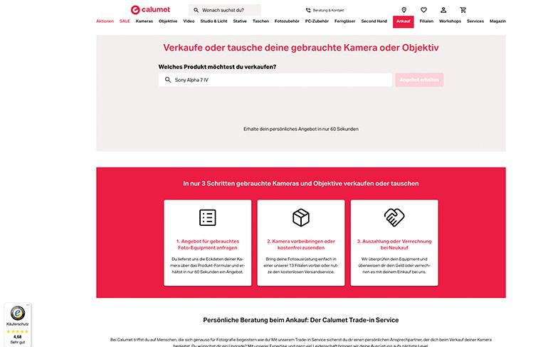 Die großen Fotofachhändler bieten auch vor Ort in den Filialen einen Ankaufservice für gebrauchtes Equipment an. Oder wie hier in einer Online-Maske über die eigene Website.