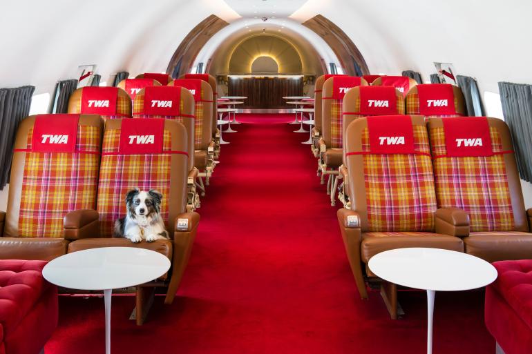 In New York City gibt es viele außergewöhnliche Hotels. Dieses hier – das TWA Hotel – befindet sich direkt am Flughafen und bietet eine entsprechende Ausstattung