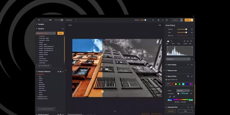 Das überarbeitete Schwarzweiß-Werkzeug in Radiant Photo 2.1 bietet zonenbasierte Steuerung und flexible Presets für maximale Kontrolle über Tonwerte und Kontraste. Ideal für ausdrucksstarke Architekturfotos.