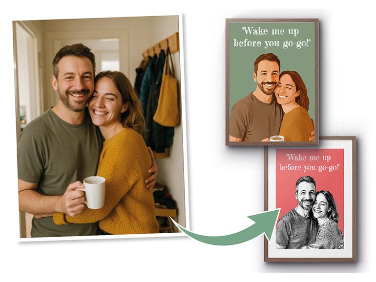 Der KI-Generator von ALDI FOTO macht aus jedem Pärchen-Bild ein Kunstwerk.