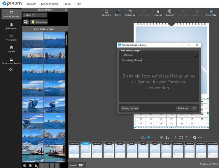 Praktisch: Drucken Sie Termine wie Geburtstage direkt in den Fotokalender.