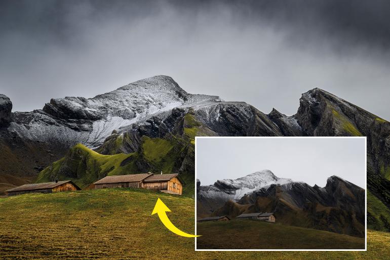 Vorher–Nachher-Vergleich: Durch gezielte Masken lassen sich Himmel, Berge und Vegetation separat bearbeiten – so gewinnt das Bild deutlich an Tiefe und Stimmung, ohne unnatürlich zu wirken.