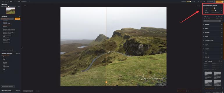 Mit den Schiebereglern für „Verbessern“, „Farbe“ und „Hauttöne“ können Sie die automatische Optimierung schnell und gezielt steuern.