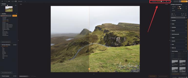 Mit dem Entwicklung-Schieberegler passen Sie die Stärke der gesamten Bearbeitung an – ohne einzelne Tools verändern zu müssen.