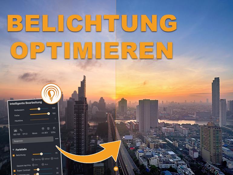 Mit Intelligenter Bearbeitung lassen sich selbst kontrastreiche Skylines sauber aufhellen – ohne Maskieren und ohne störende Halos an den Kanten.