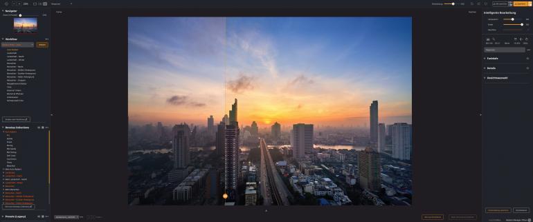 Mit den Reglern Verbessern und Farbe stellen Sie eine ausgewogene Basis her und holen Details in Himmel und Gegenlicht zurück, bevor weitere Anpassungen erfolgen.