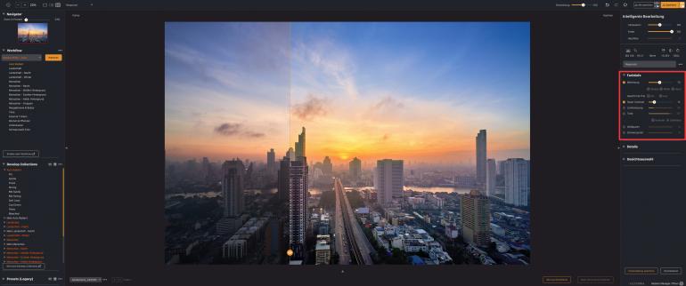 Unter Farbtiefe erhöhen Sie die Belichtung vorsichtig, um die Skyline sichtbar aufzuhellen, ohne helle Ränder oder Halos entlang der Gebäudekanten zu erzeugen.
