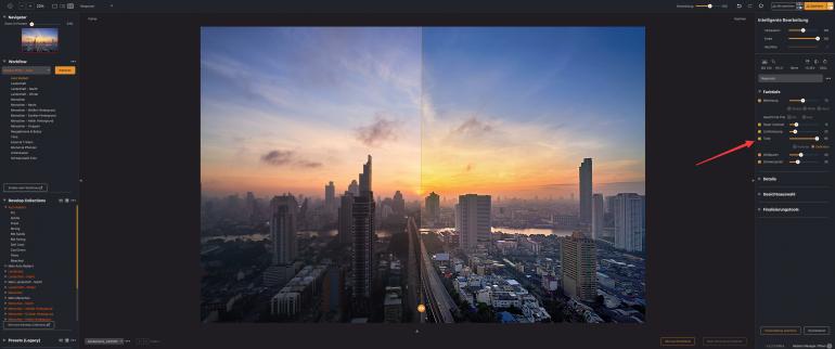 Der Regler Tiefe trennt die Mitteltöne stärker voneinander, sodass Fassaden, Straßen und Details der Skyline klarer erscheinen.