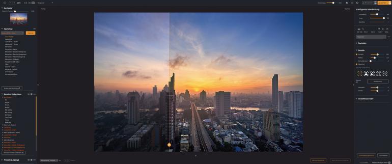 Im Bereich Details können Sie mit Schärfe die Texturen der Gebäude betonen, ohne harte Kanten oder Halos zu erzeugen.