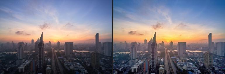 Vorher: Die Stadtlandschaft wirkt unterbelichtet und flach – Details in Gebäuden und Straßen gehen im Dunst verloren. Nachher: Durch gezielte Anpassungen von Belichtung, Tiefe sowie Weiß- und Schwarzpunkt wird die Skyline klarer, Details treten hervor und der Sonnenuntergang wirkt lebendig – ganz ohne Halos an den Gebäudekanten.