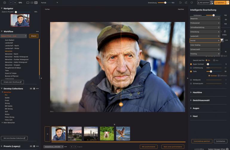 Über den Workspace-Switcher im rechten Panel wählen Sie den passenden Arbeitsbereich – etwa für Porträts, Landschaften oder eine vollständige Bearbeitung.