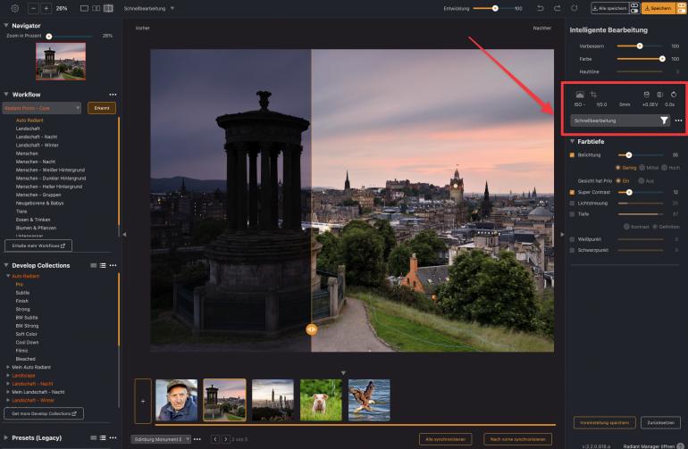 Der Workspace Schnellbearbeitung zeigt nur die wichtigsten Regler für schnelle Tonwert- und Farbkorrekturen.