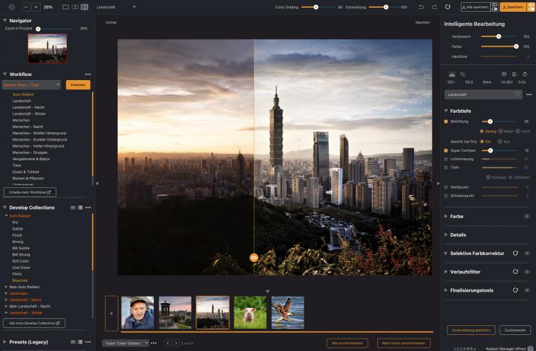 Im Workspace Landschaft stehen Werkzeuge für Kontrast, Farben und Details bereit – ideal, um Natur- und Landschaftsaufnahmen gezielt zu optimieren.