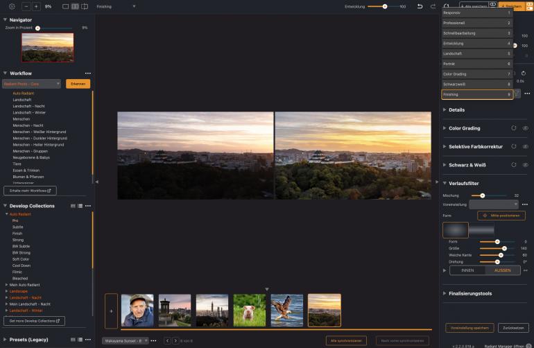 Der Workspace Finishing bündelt Werkzeuge für den letzten Feinschliff, etwa Schärfung, Farboptimierung oder selektive Anpassungen.