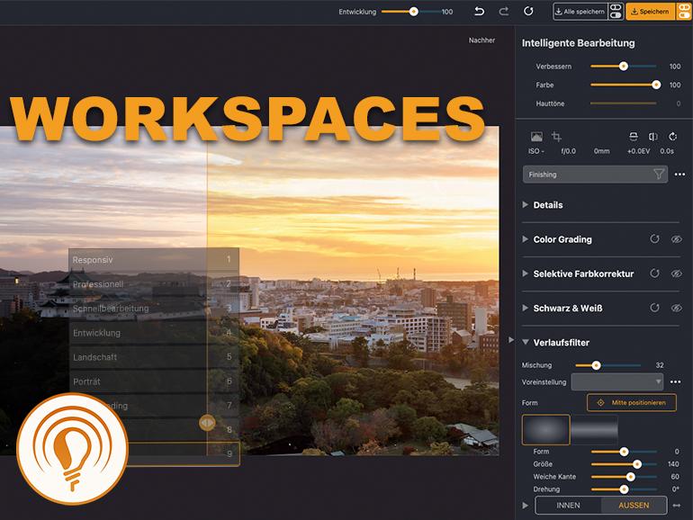 Workspaces in Radiant Photo 2 bündeln Werkzeuge nach Aufgabenbereichen. So bleibt die Oberfläche übersichtlich und Sie finden schneller die passenden Regler für Ihre Bildbearbeitung.