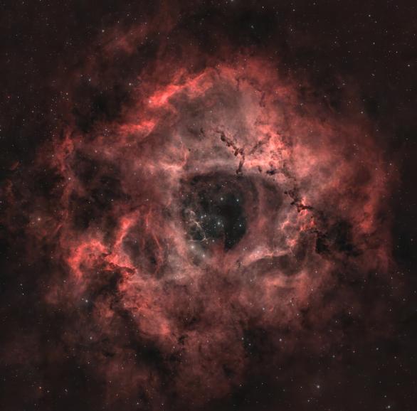 „Eye Candy“ am Himmel: Der Rosettennebel (NGC 2237) aus rund vier Stunden Aufnahmezeit – 1,7-fach-Mosaik, 20-Sekunden-Subframes, EQ-Modus, Bortle 4,5. Nebel und Sterne getrennt bearbeitet, Feinschliff in Photoshop.